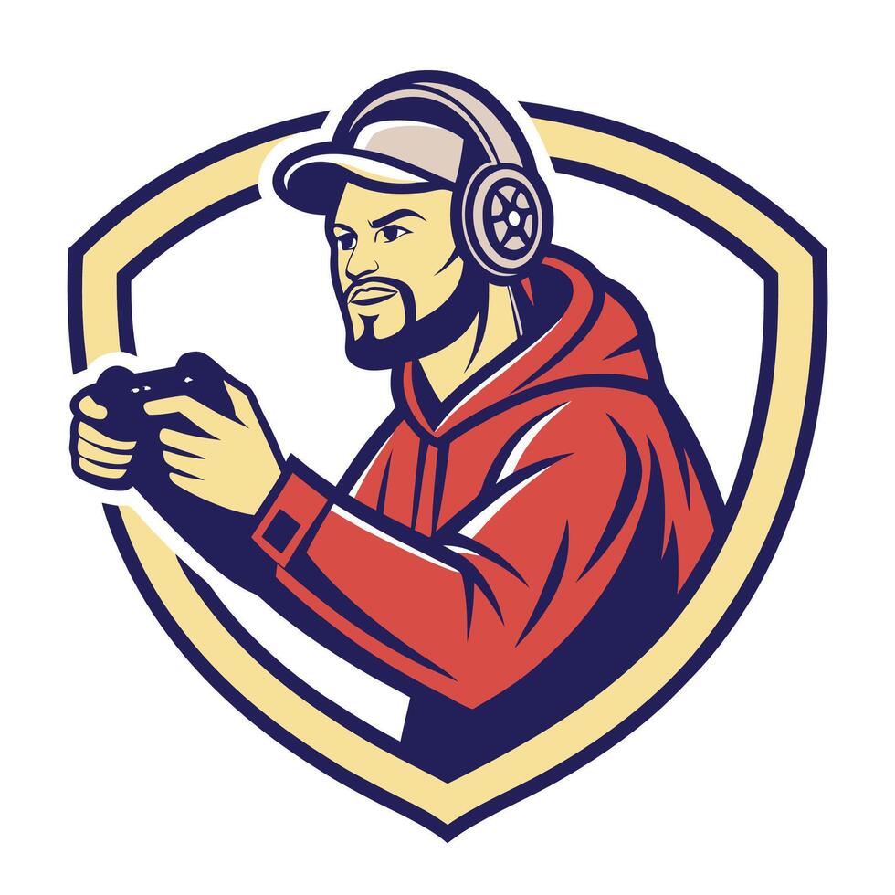a man wearing a hoodie and headphones holding a controller vector