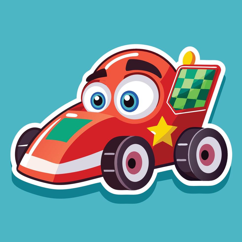 cartoon racing car with eyes and a checkered flag vector