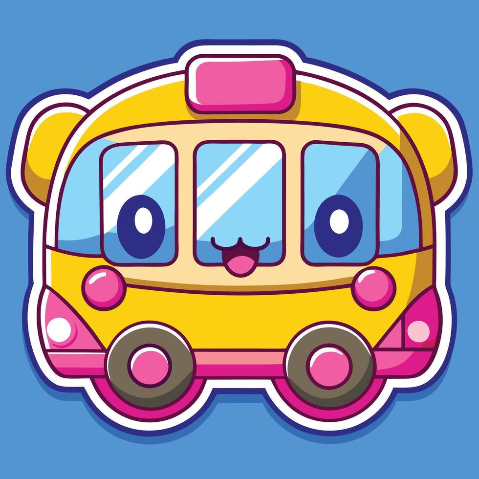 a sticker of a school bus with eyes and a smile vector