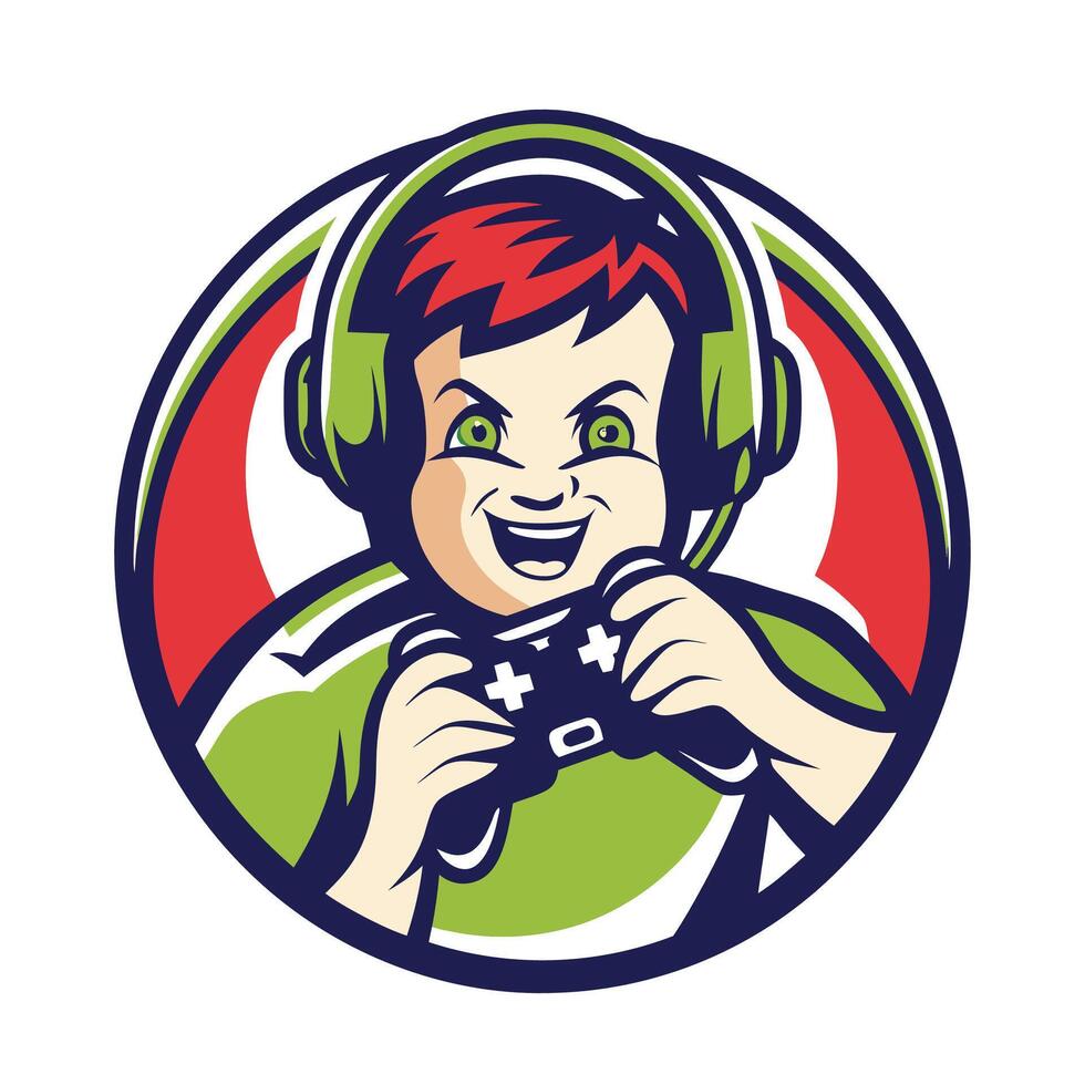 a smiling boy playing games with headphones on vector