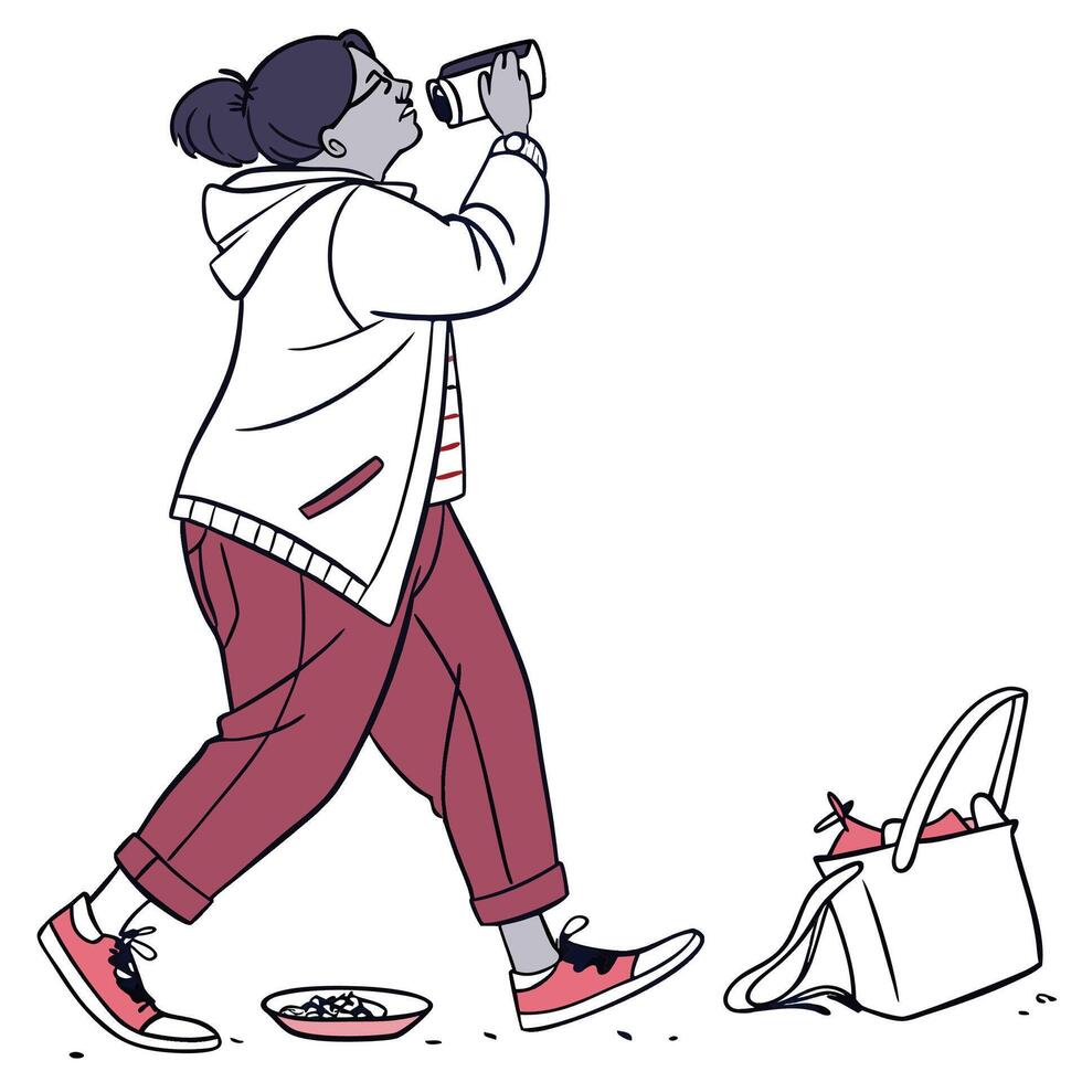 a woman is walking with a bag and a bottle of water vector