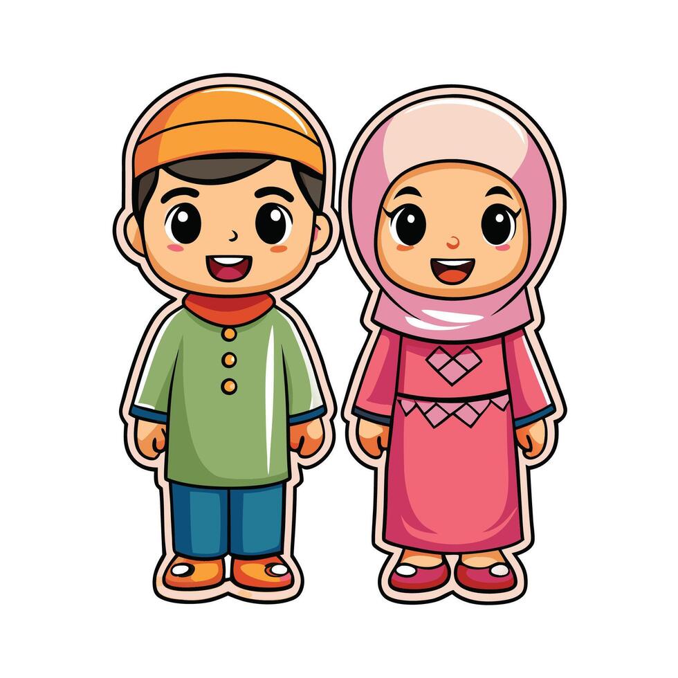 muslim boy and girl cartoon illustration vector