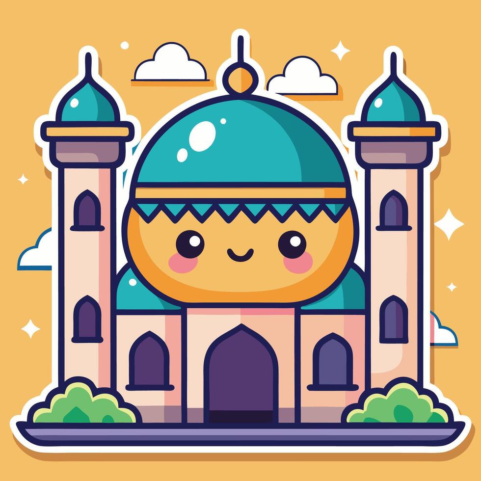 cartoon mosque with a blue dome and a smiling face vector