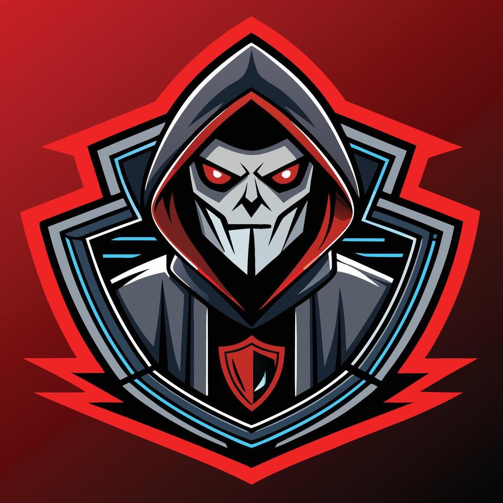 a red and black logo with a hooded man vector