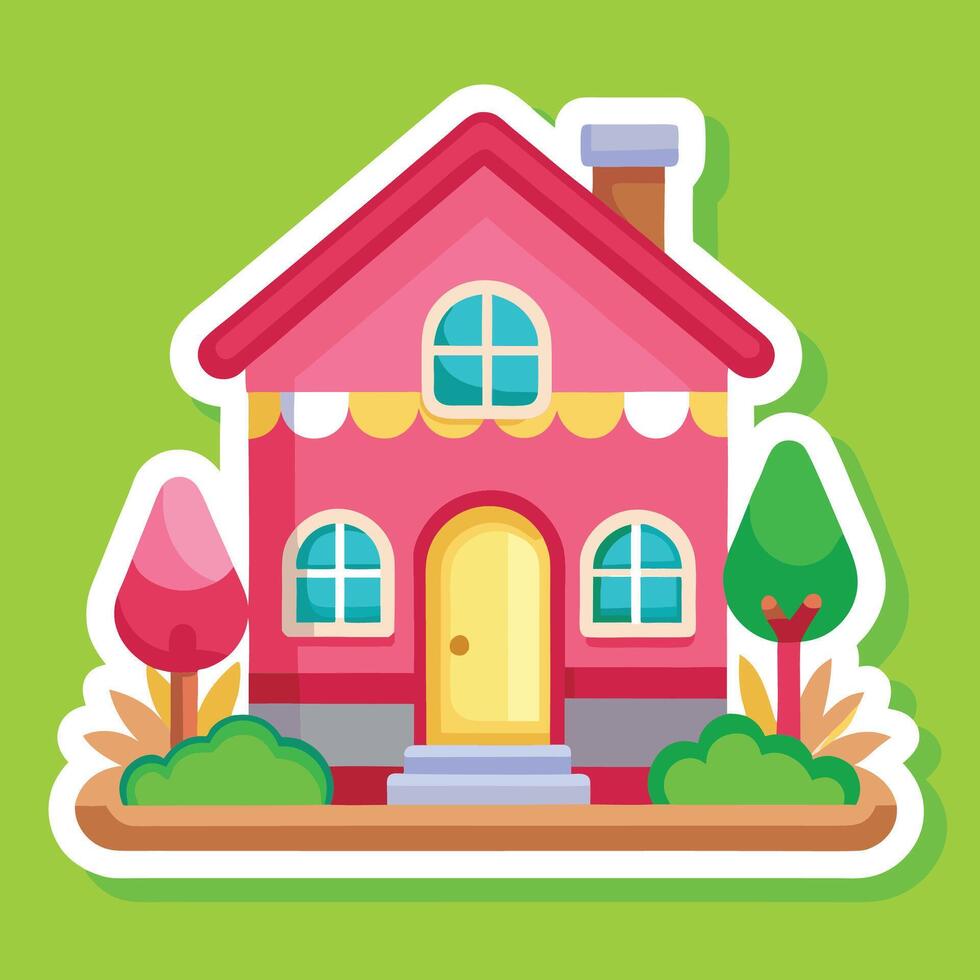 a cartoon house with a tree and bushes vector