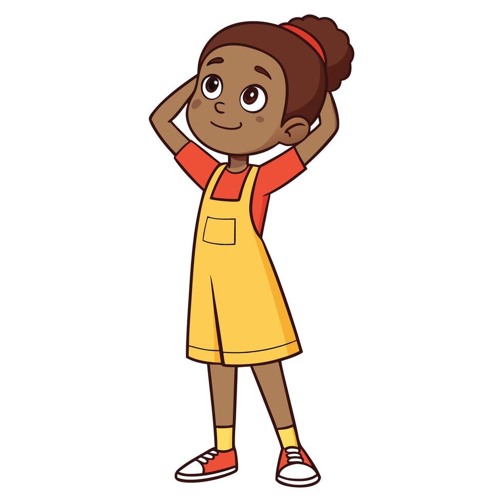 a cartoon girl in overalls standing with her hands on her head vector
