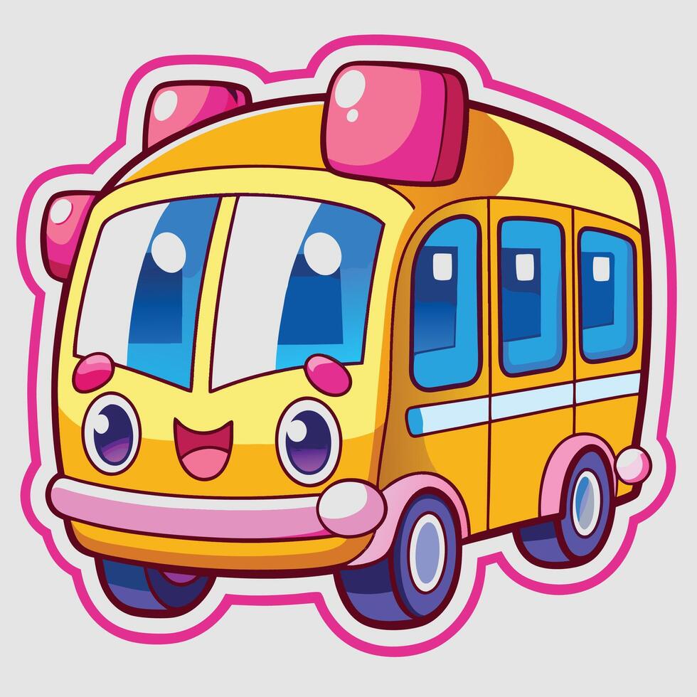 a cartoon school bus sticker with a pink face vector