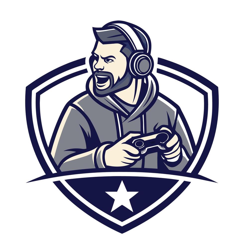 a man with a beard and headphones holding a controller vector