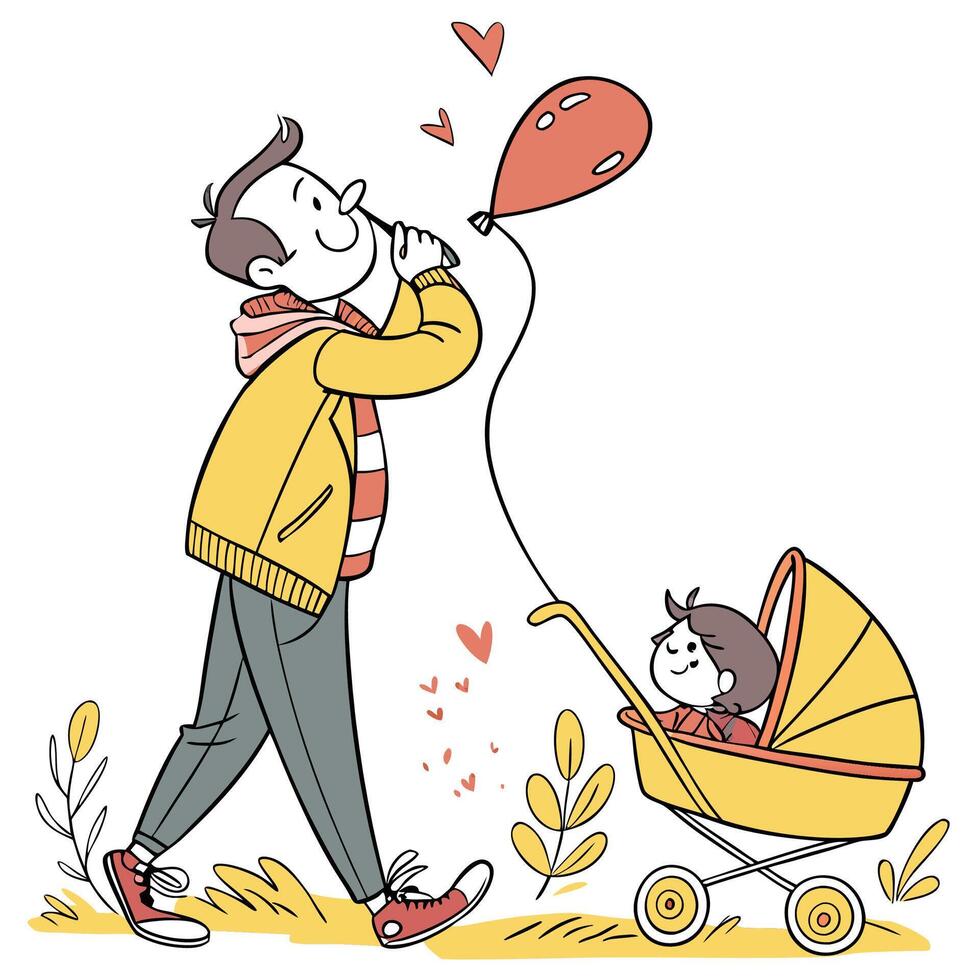 a man is blowing a balloon to a child in a stroller vector