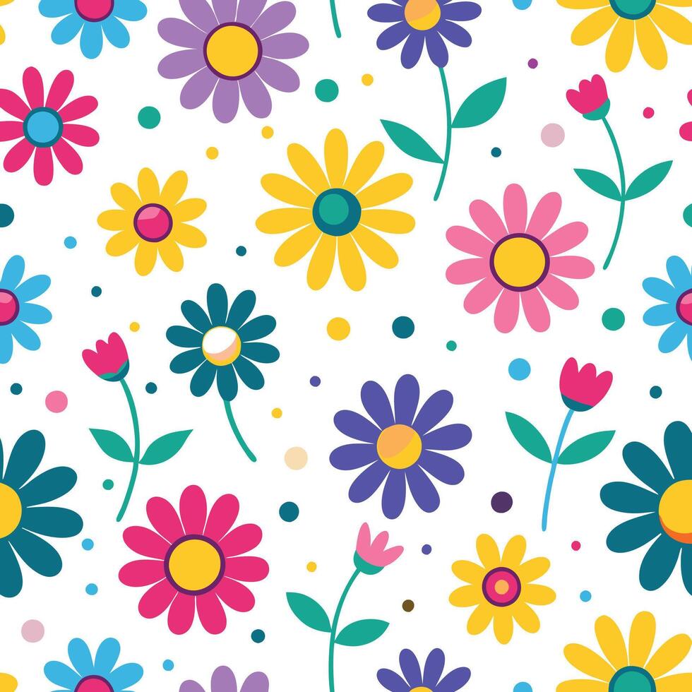 seamless pattern with colorful flowers and dots vector