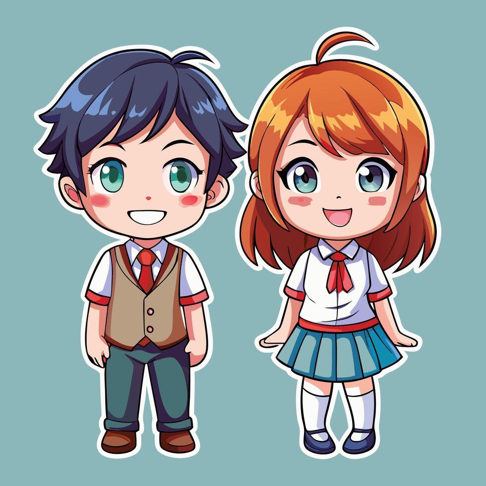 two cartoon characters of a boy and girl in school uniforms vector
