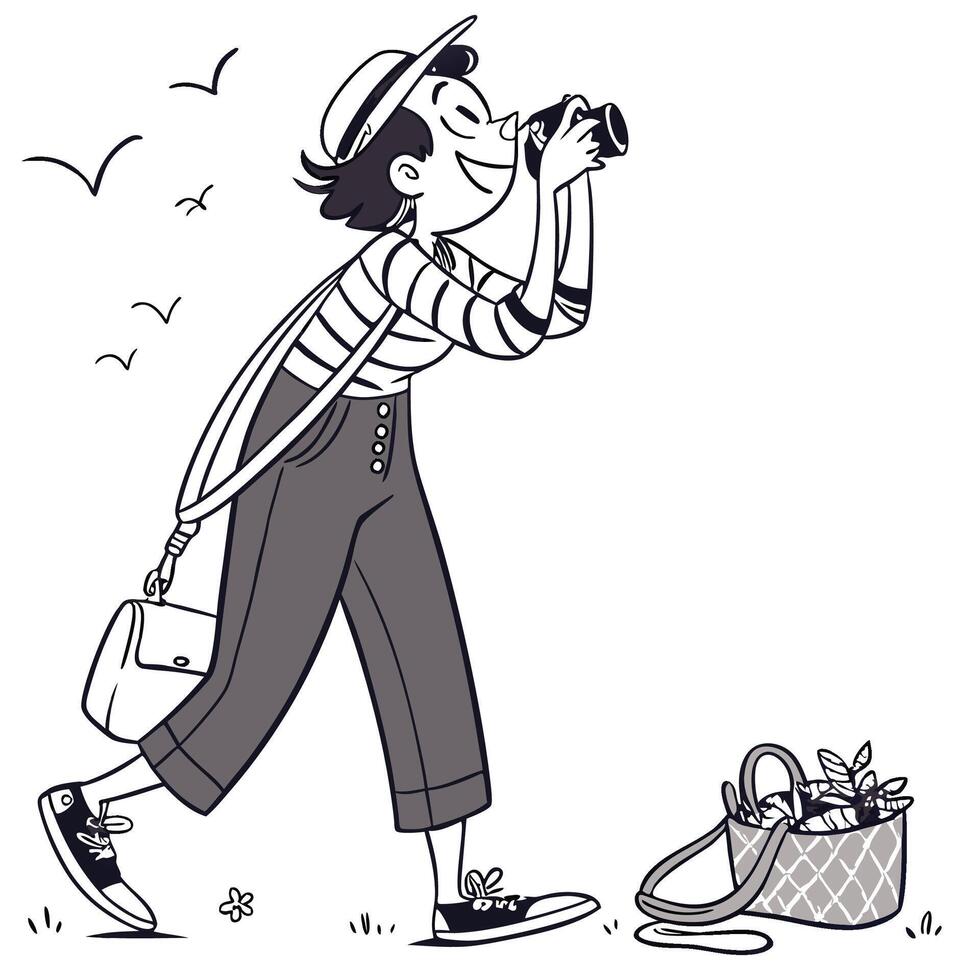 a woman is taking a picture with a camera vector