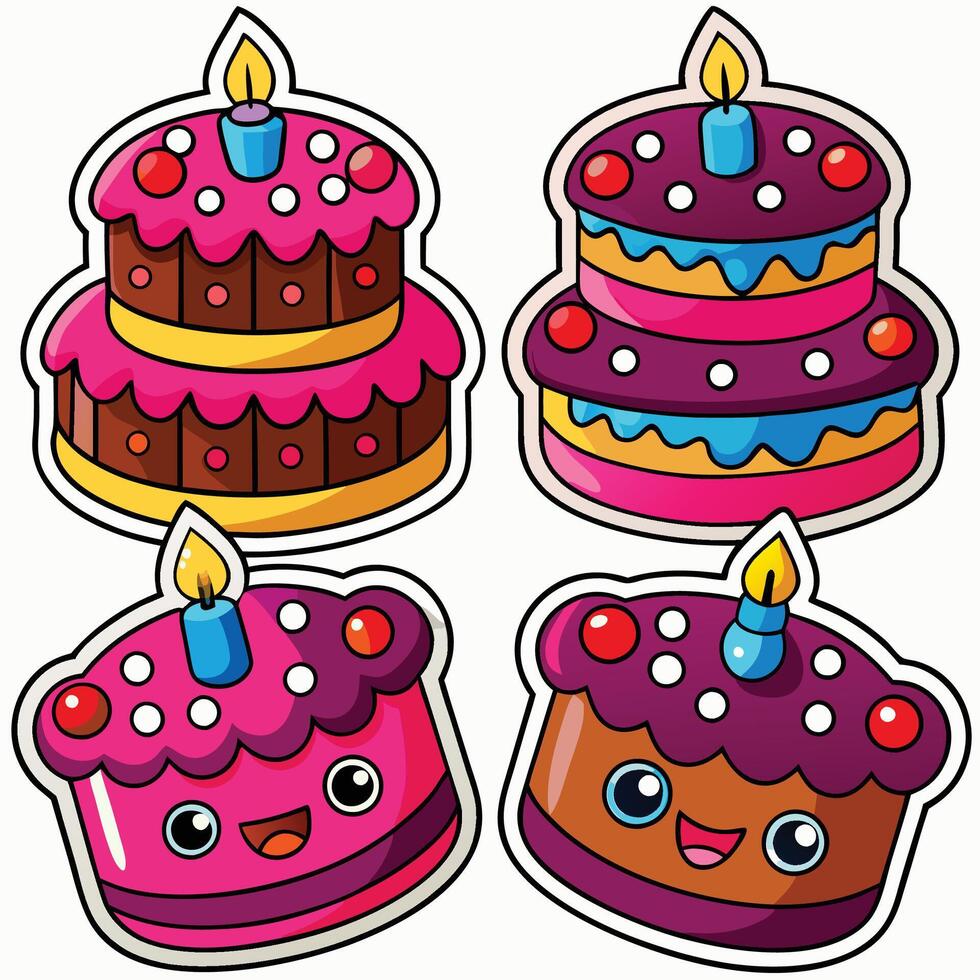 four cartoon cake stickers with candles on top vector