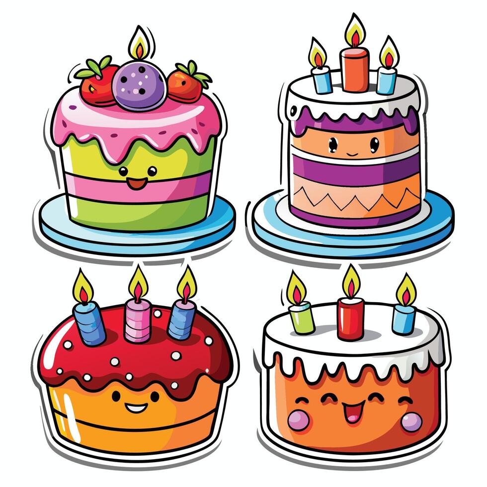 four different cakes with candles on them vector