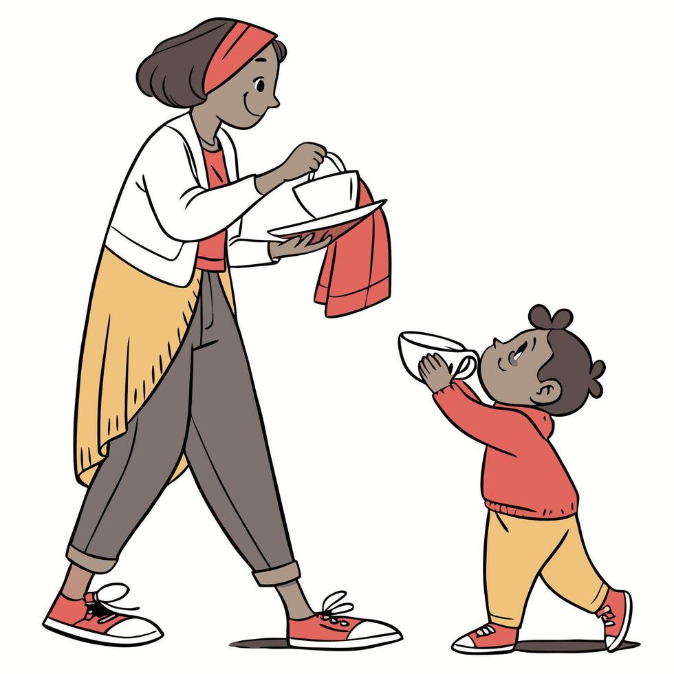 a woman and child are walking together holding plates vector