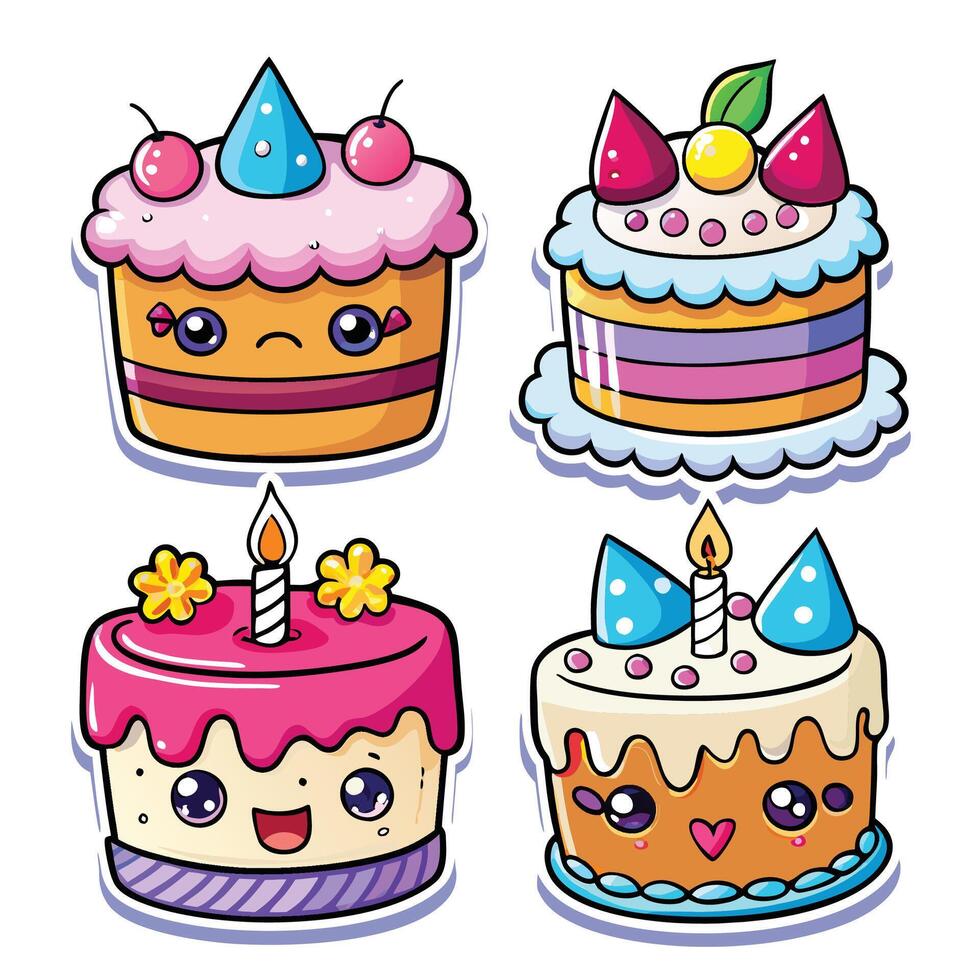 four different cake designs with candles and frosting vector