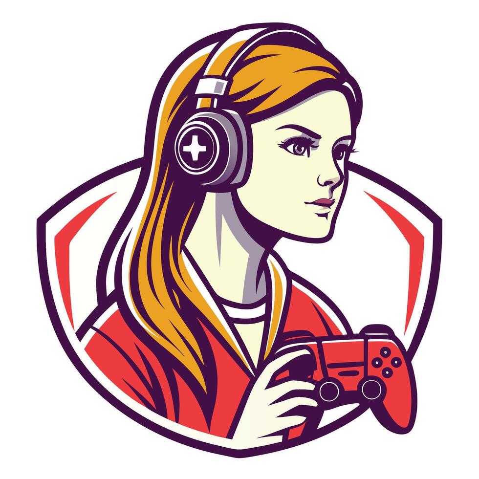 a woman wearing headphones holding a controller vector