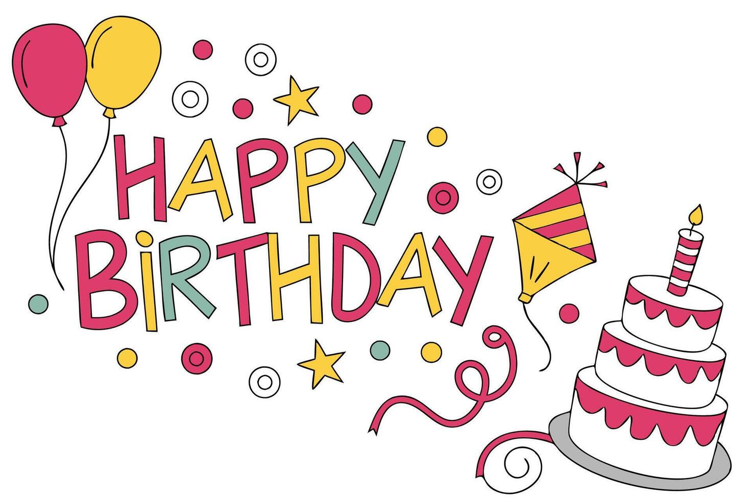 happy birthday clipart with balloons and cake vector
