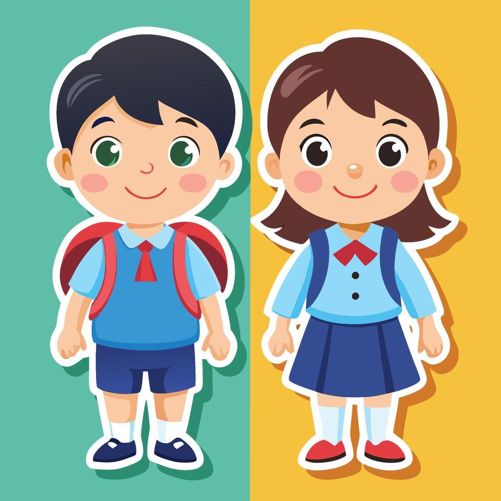 two children in school uniforms standing next to each other vector