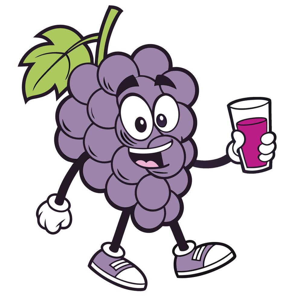 grape fruit cartoon character holding a glass of juice illustration vector