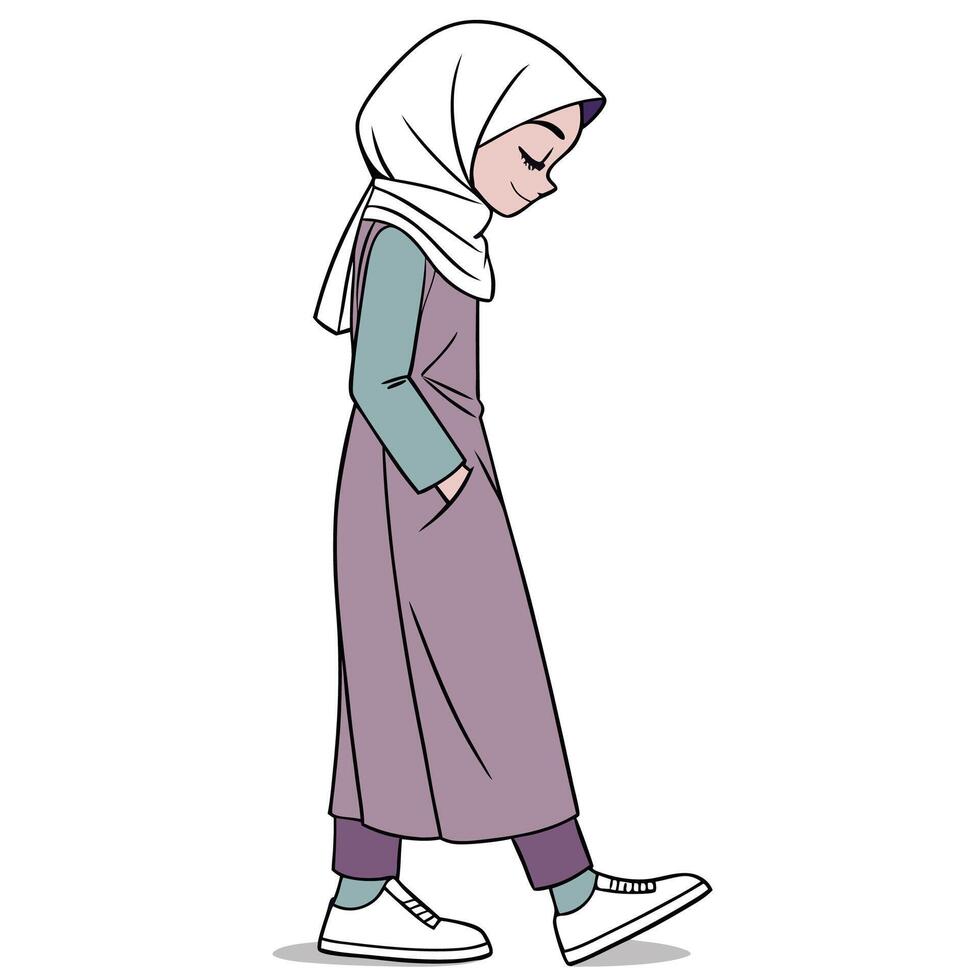 a cartoon muslim girl in a purple dress vector