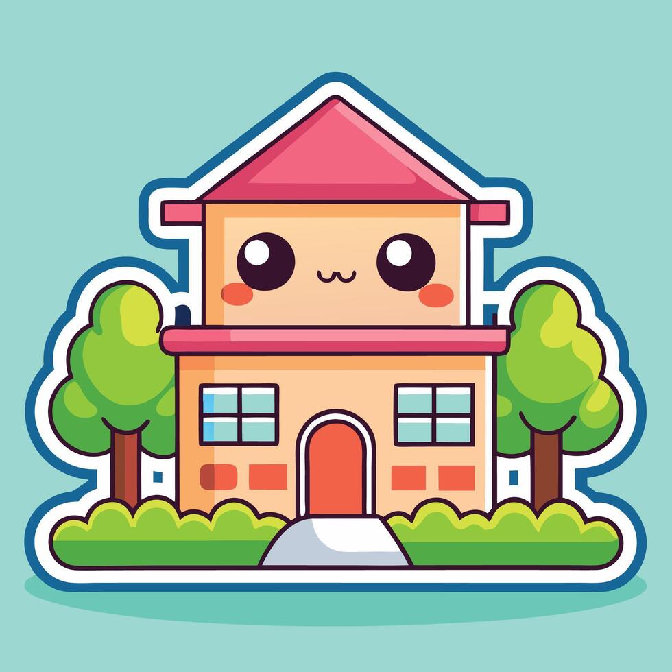 a cute house with a tree and a tree in front of it vector