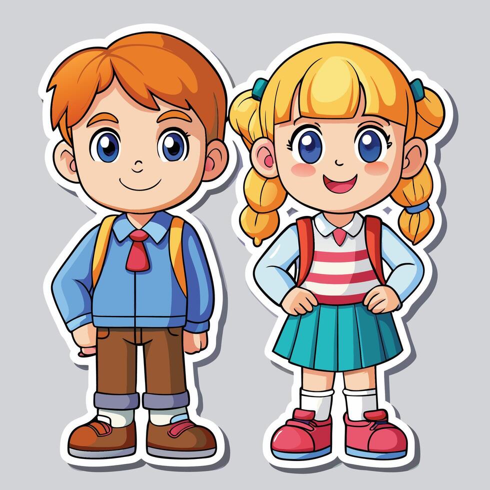 sticker of boy and girl with school uniform vector