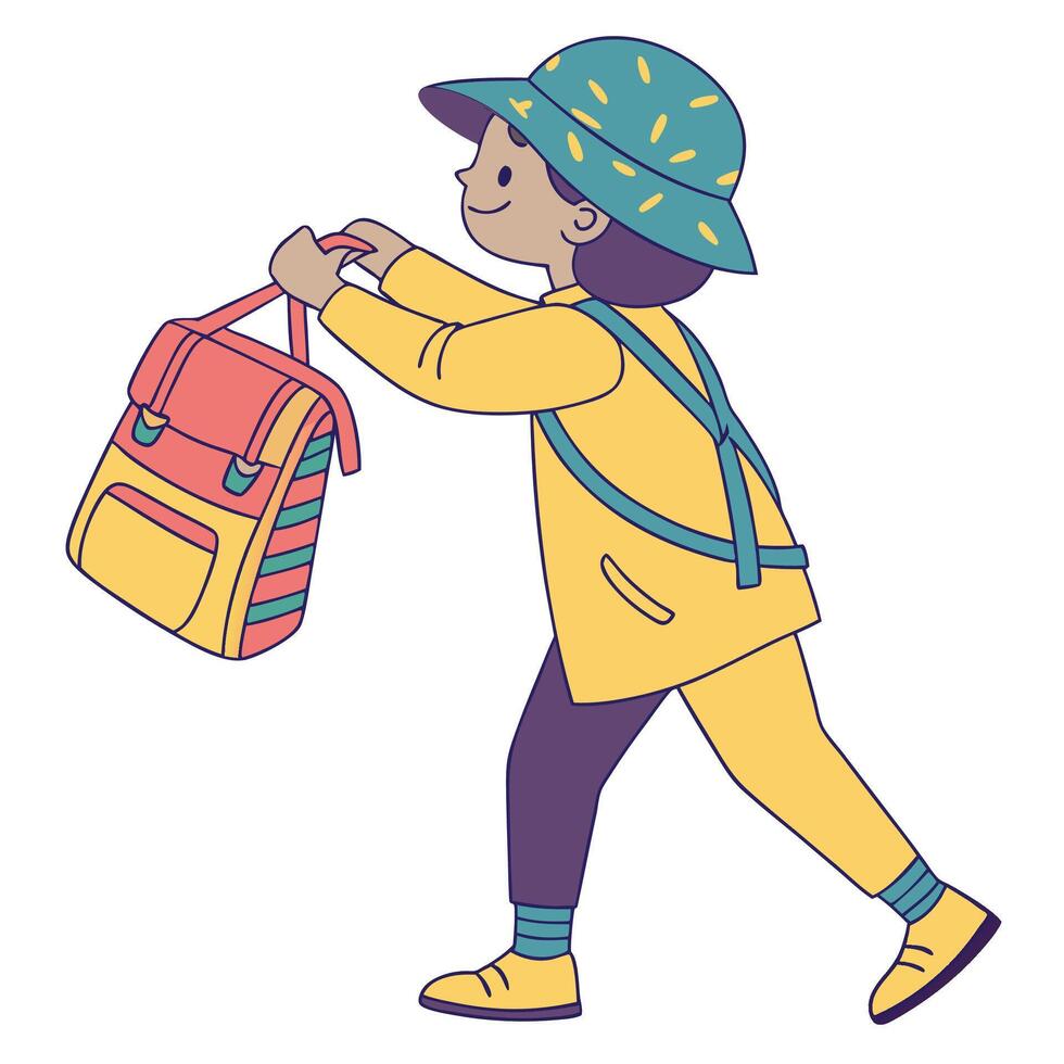 a girl carrying a backpack and hat vector