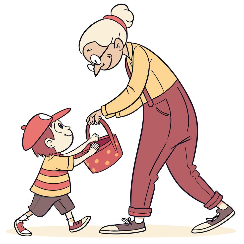 an old woman giving a child a basket vector