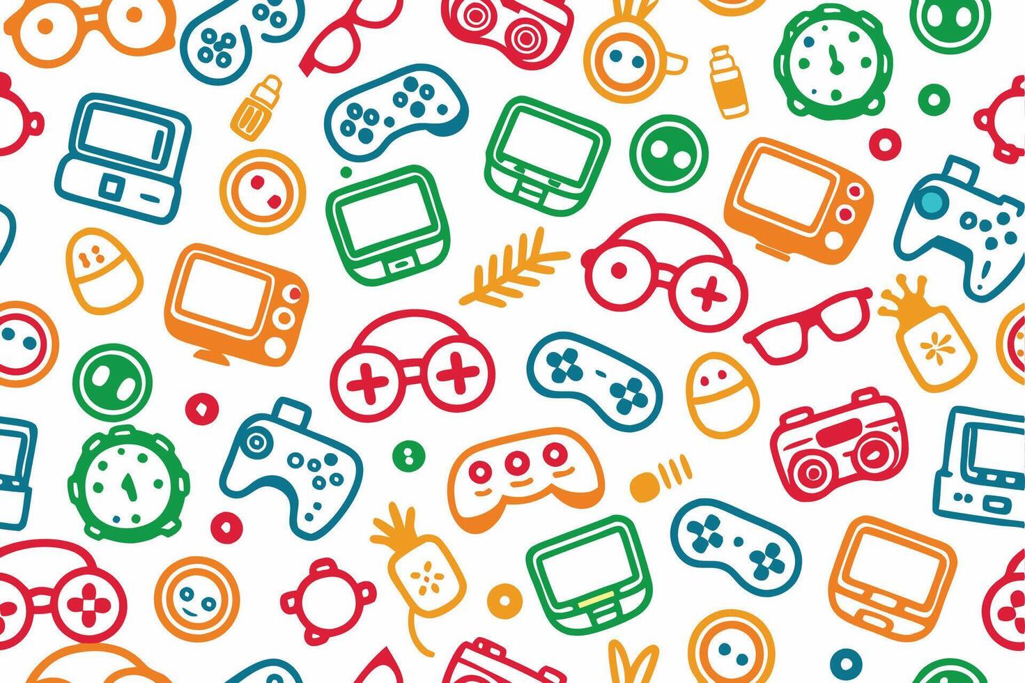 a colorful pattern with various game controllers and other items vector