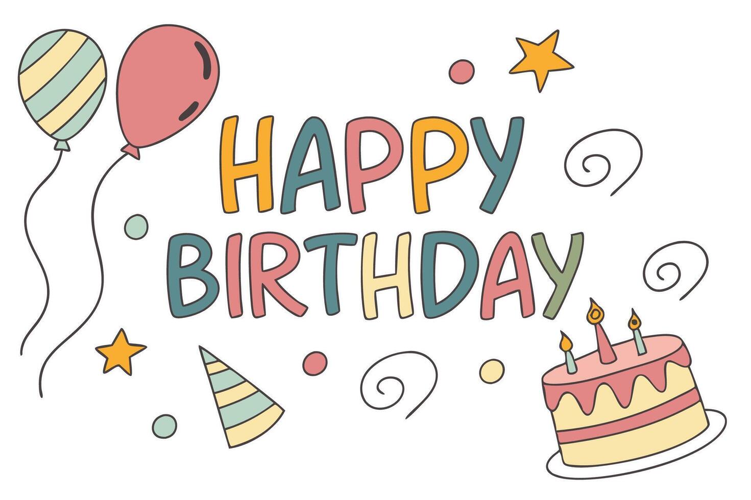 happy birthday card with balloons and cake vector