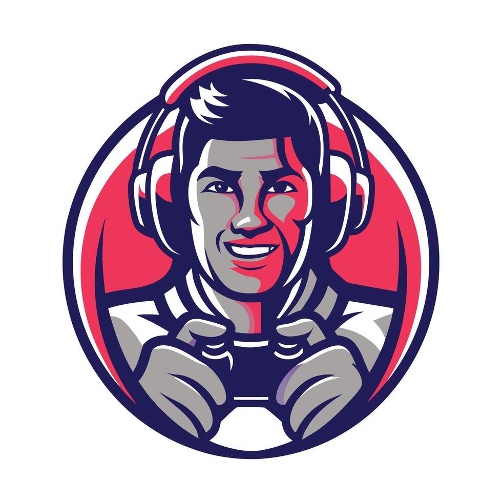 mascot icon retro retro gamer man playing game set inside circle on isolated background done in vector