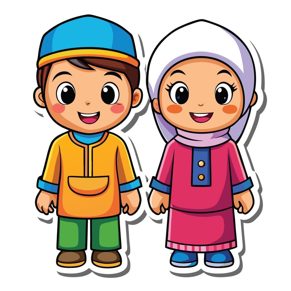 cartoon muslim boy and girl, standing together vector
