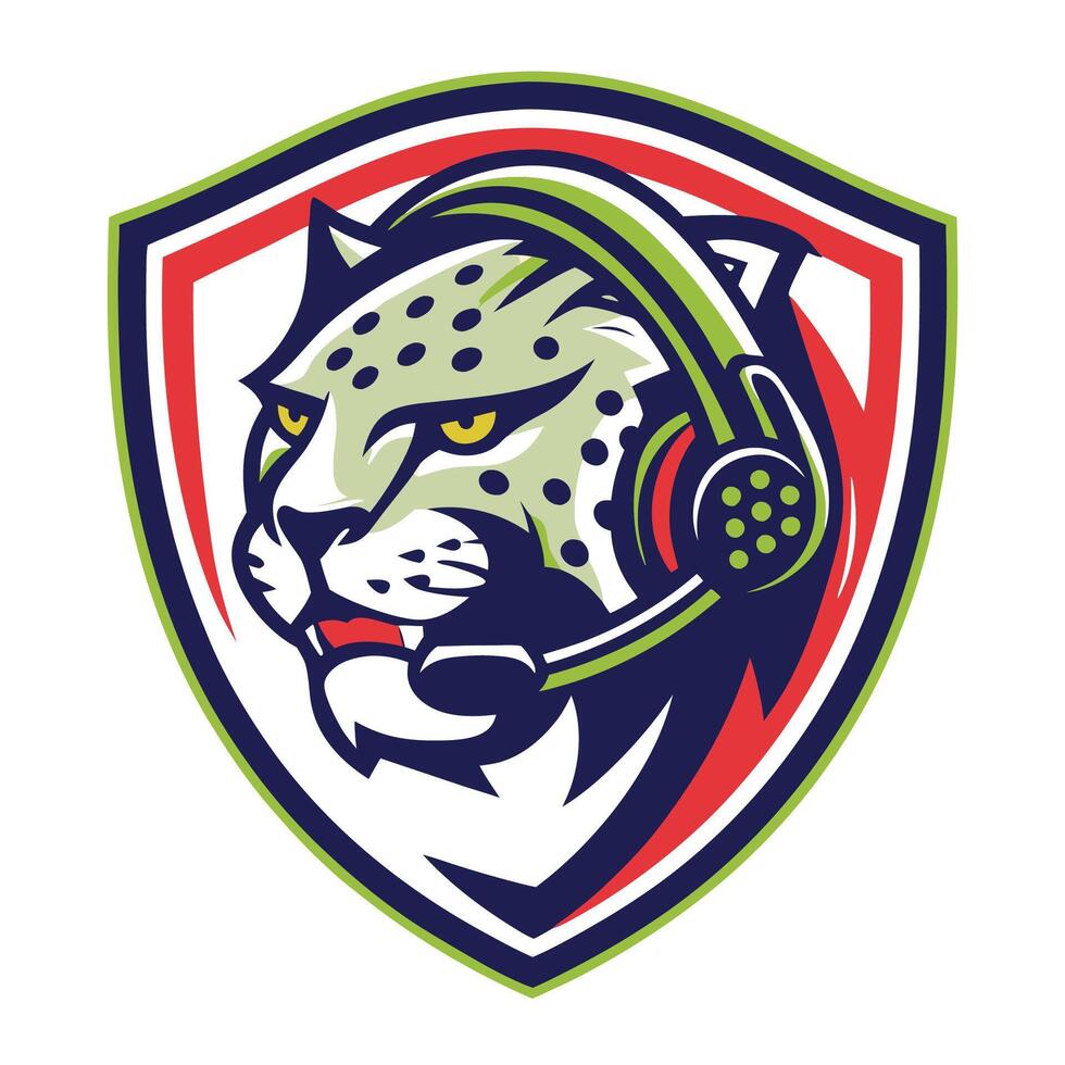 mascot icon jaguar head with headphones on head set inside shield on isolated background done vector