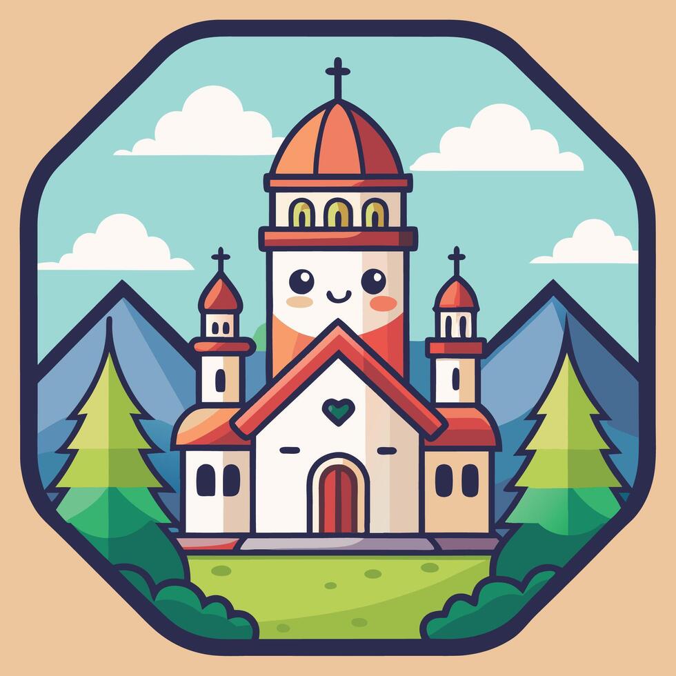 a church in the mountains with trees and mountains vector