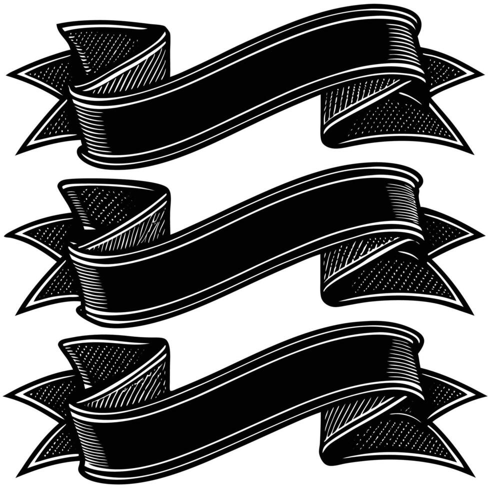 three black ribbons with ribbons and ribbons in a vintage style vector