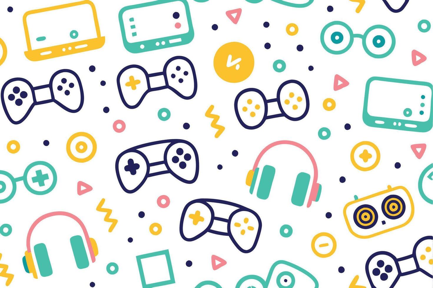 a colorful pattern with game controllers and other items vector