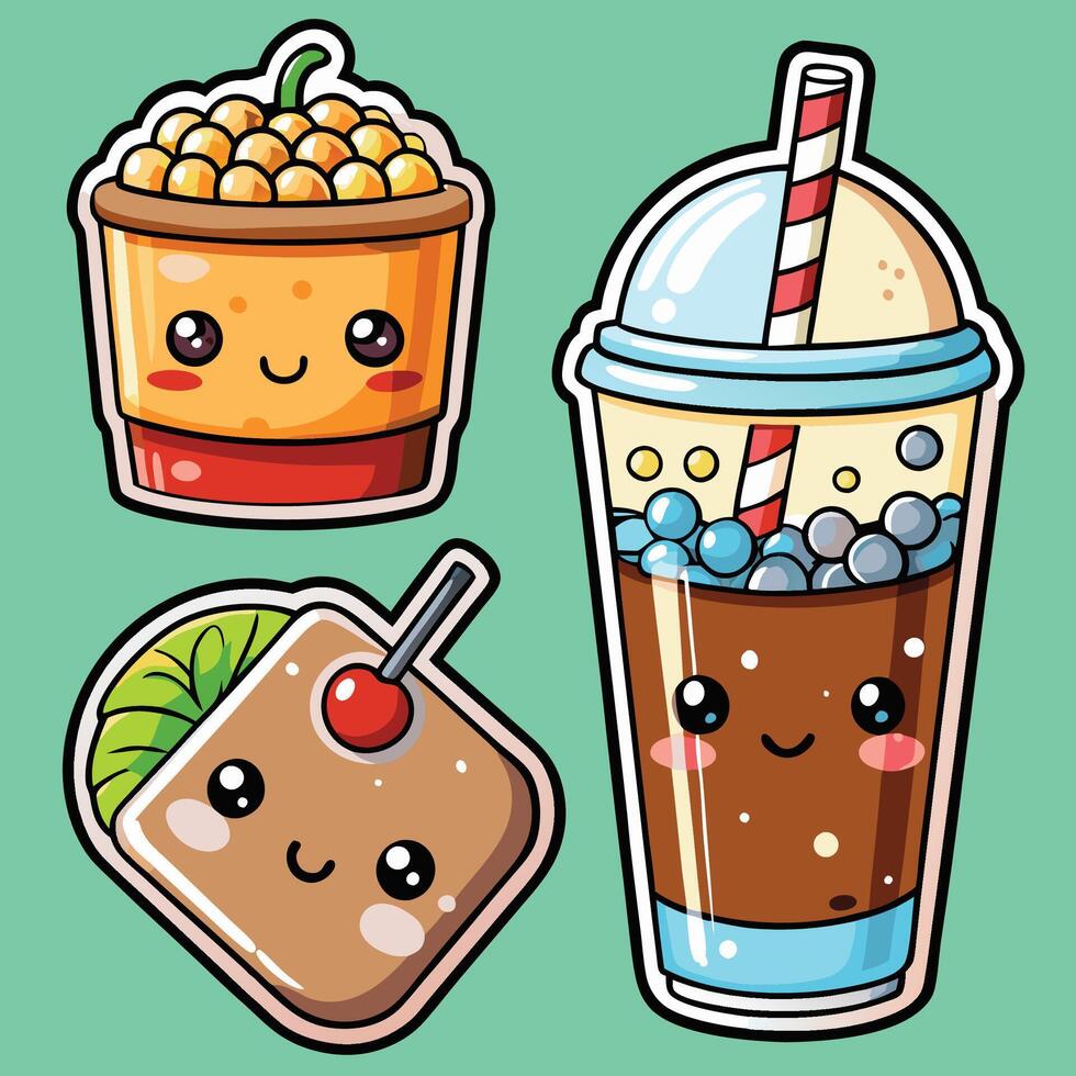cute kawaii drink stickers set vector
