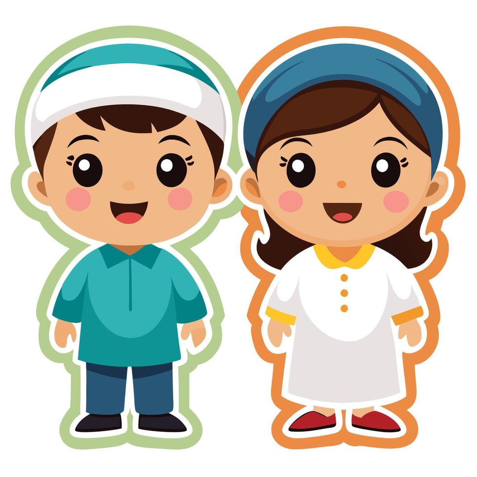cartoon boy and girl in islamic clothing vector