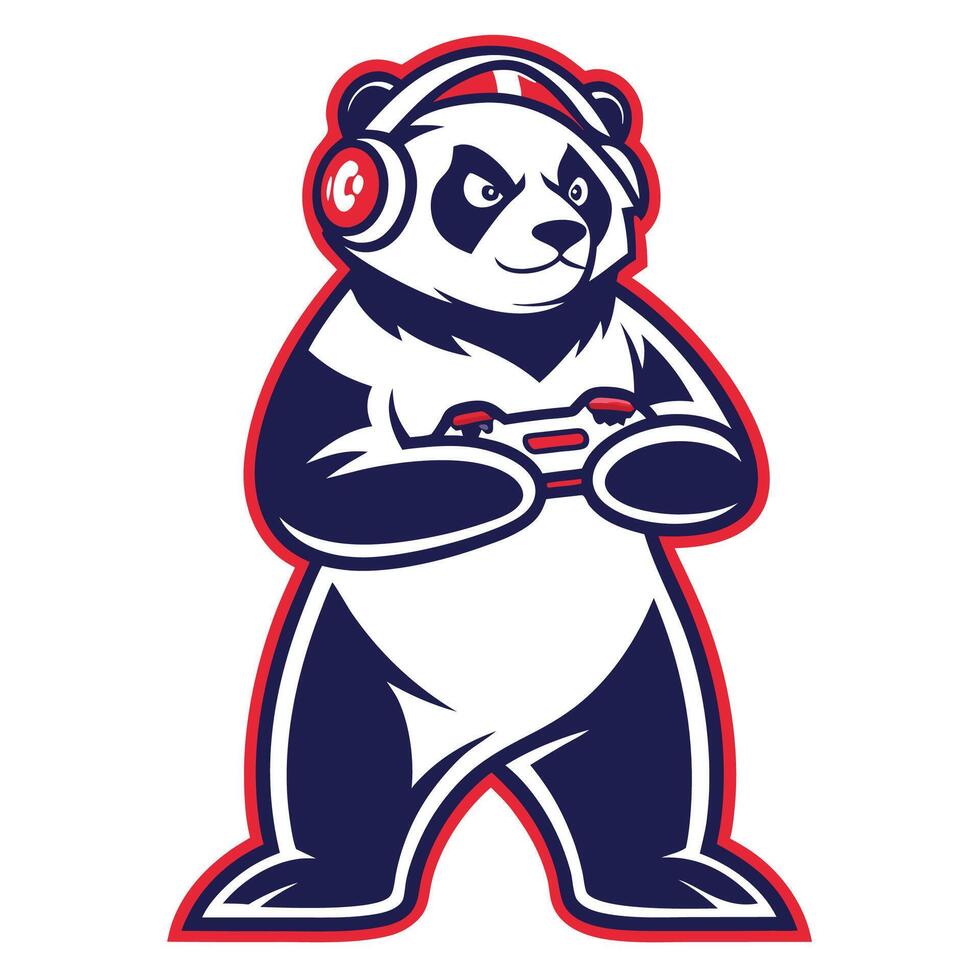a panda wearing headphones holding a controller vector