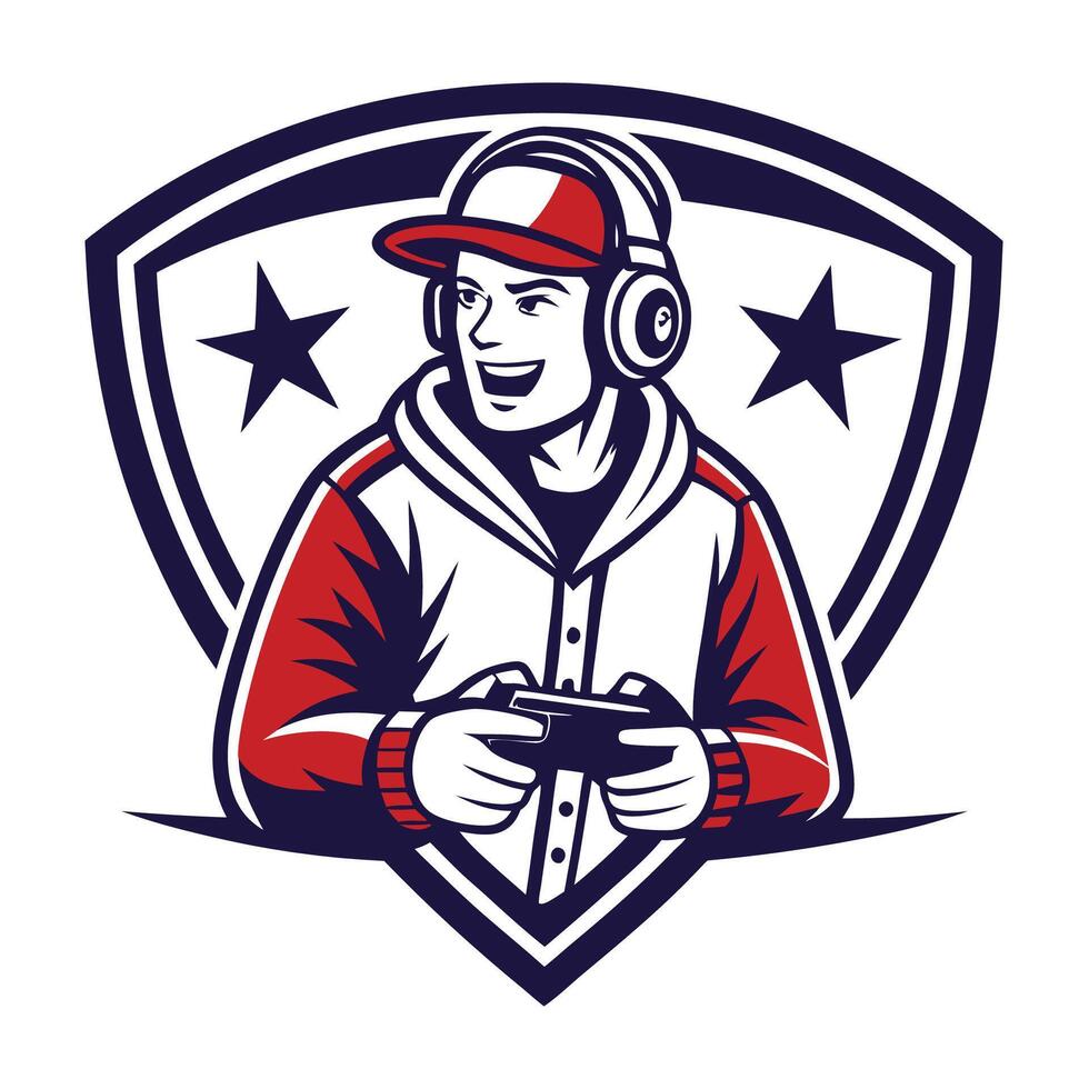 mascot icon of a gamer playing game set inside shield crest on isolated background done in vector