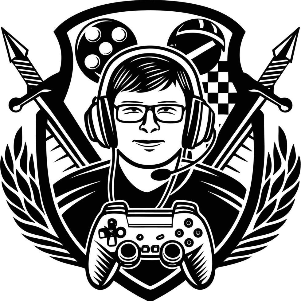 a black and white logo of a gamer with a controller vector