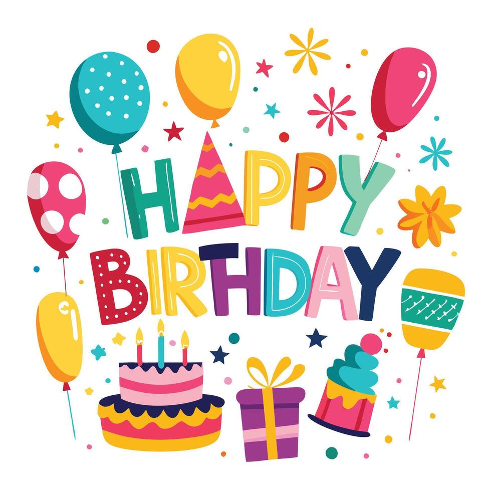 happy birthday card with colorful balloons and cake vector