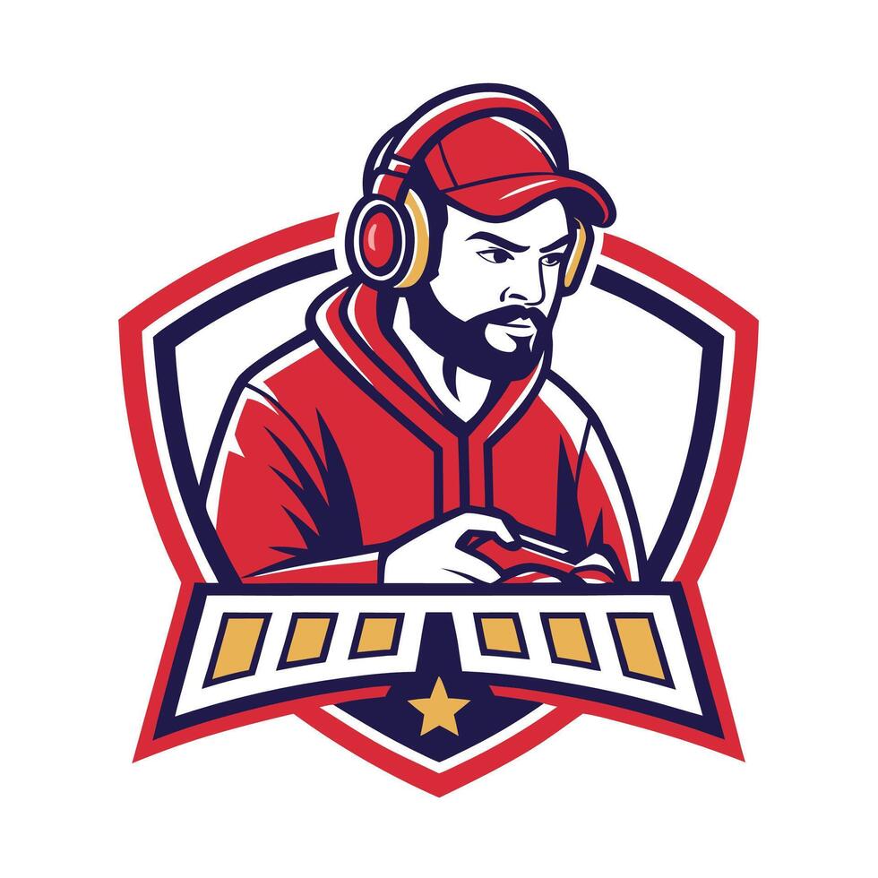 mascot illustration of dj with headphones and beard playing music on turntable set inside shield vector