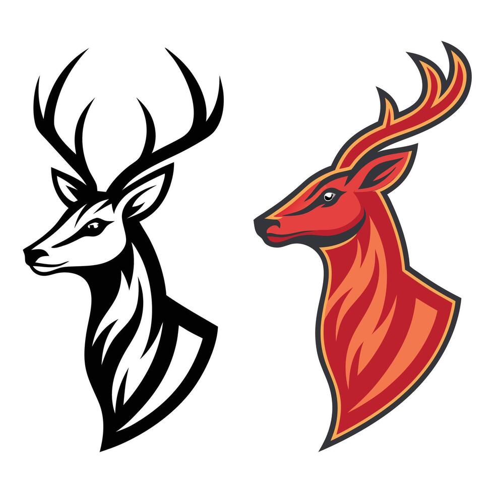 two deer head logos, one red and one black vector
