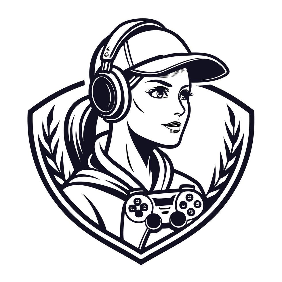 a woman in a baseball cap and headphones holding a controller vector