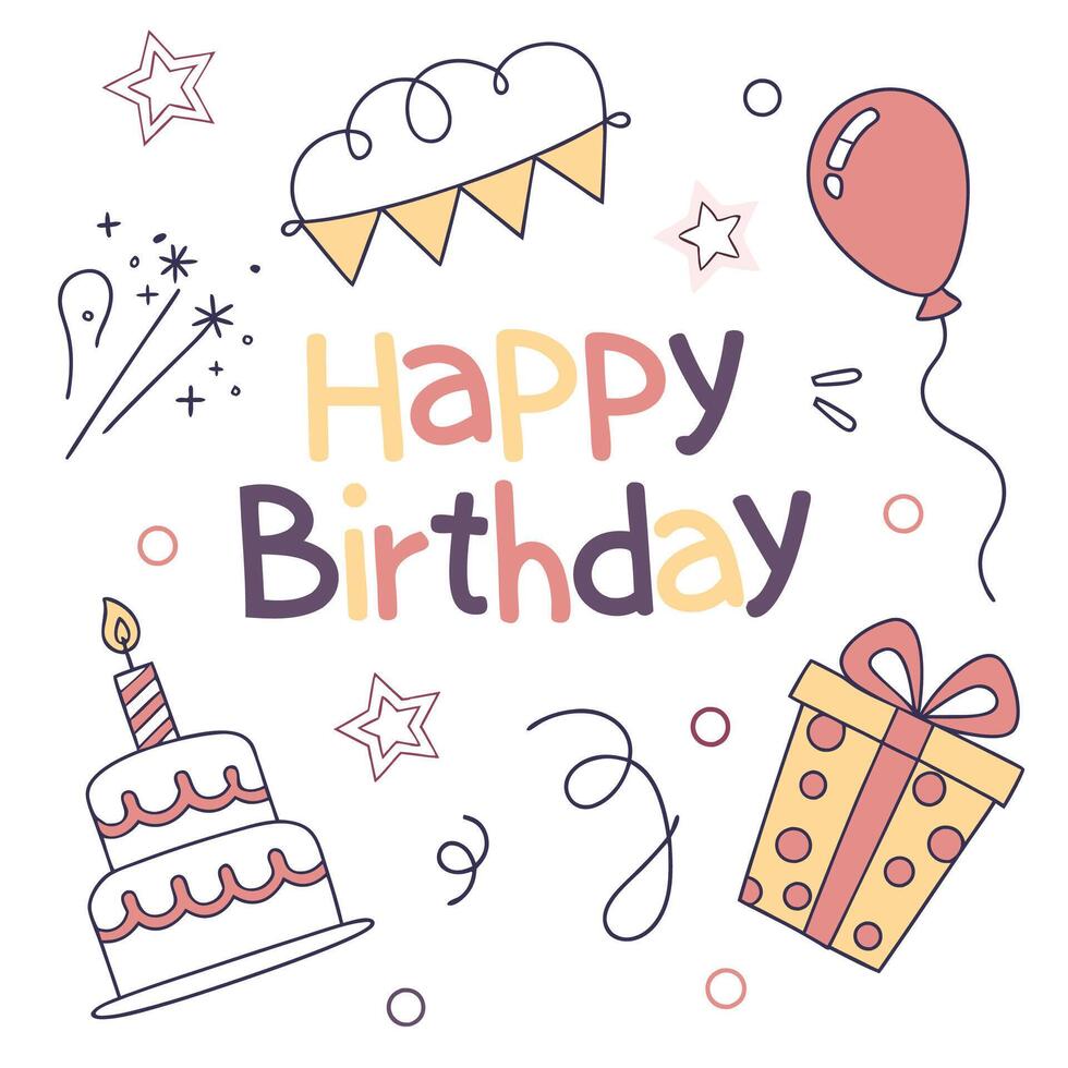 happy birthday card with birthday cake, balloons and other items vector