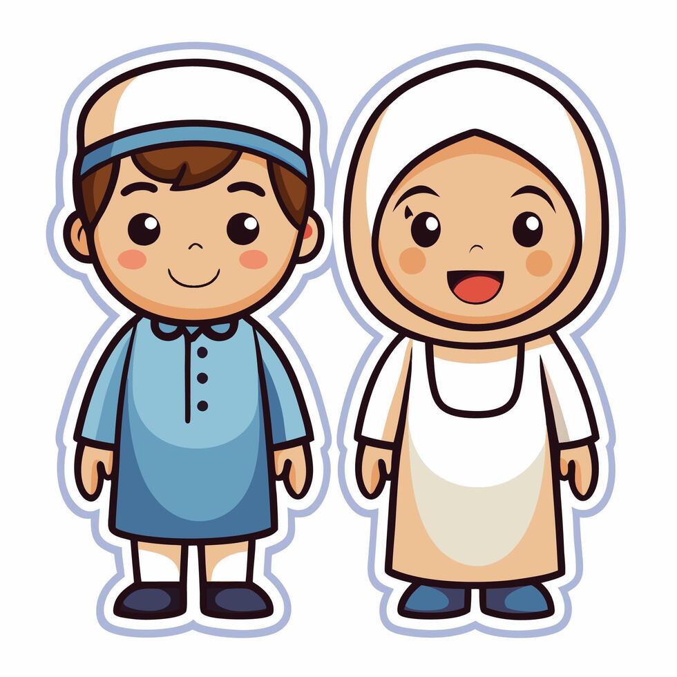 muslim boy and girl in traditional clothes vector