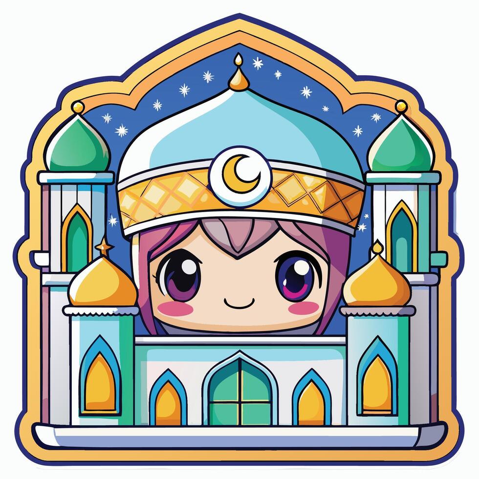 cartoon muslim girl in front of a mosque vector