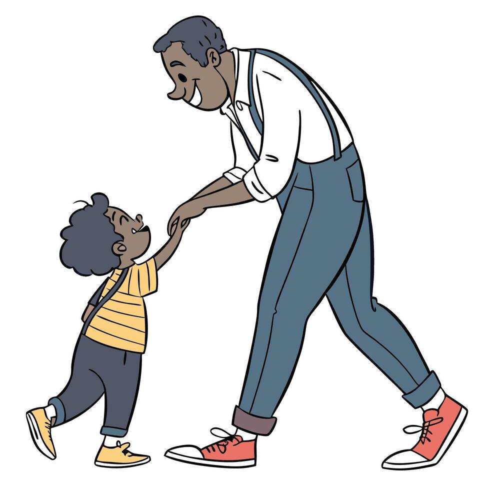 an illustration of a father and son walking together vector